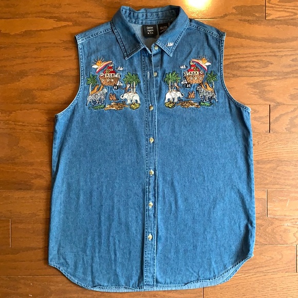 Vintage Noah’s Ark Embroidered Denim Sleeveless Button Down Blouse Size Large - Picture 1 of 14